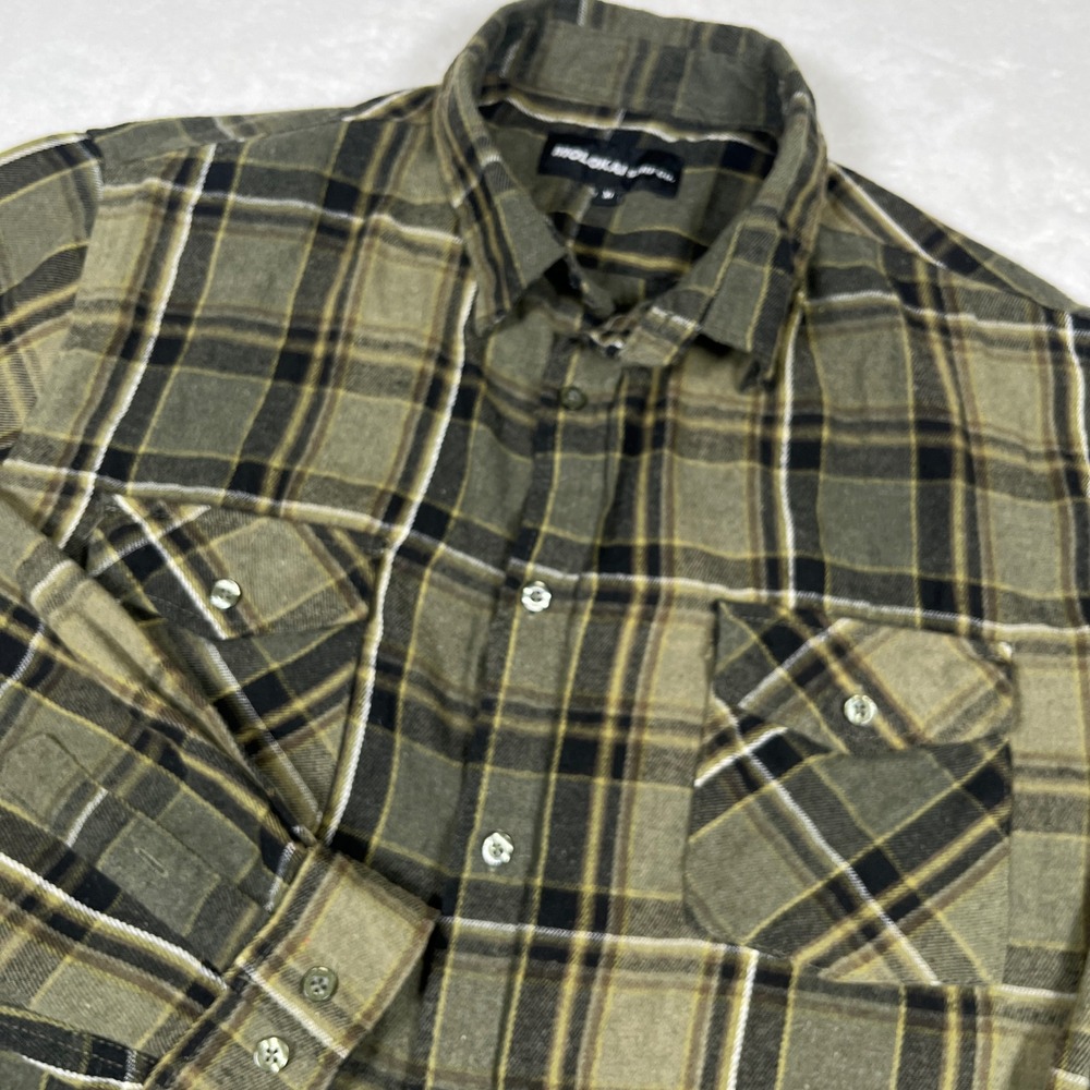 Molokai Surf Co Mens XL Flannel Shirt Olive Green Black Plaid Button Up 0884